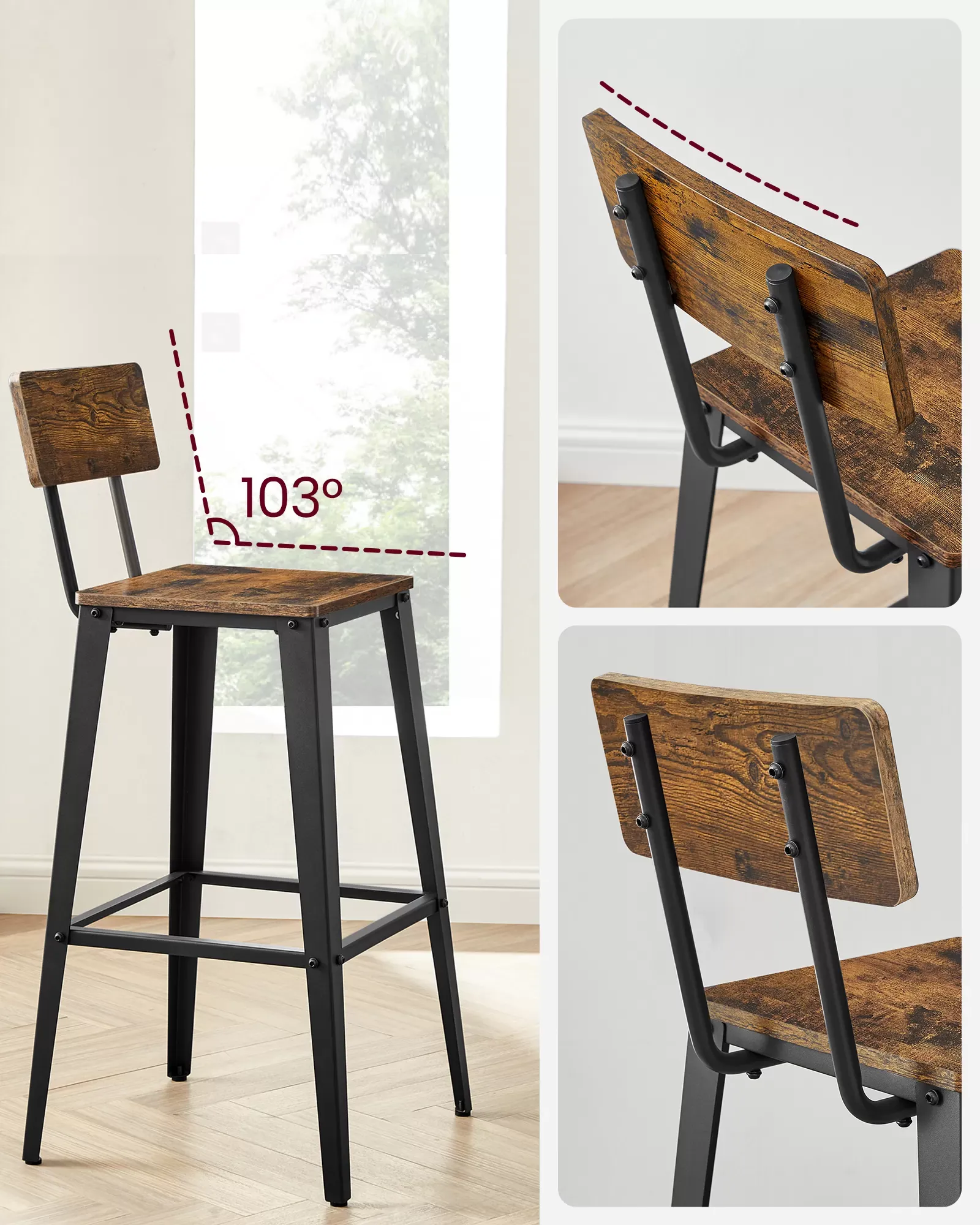 Illustration numéro 3 du produit Tabourets bar industriel lot de 2 effet bois marron rustique et noir