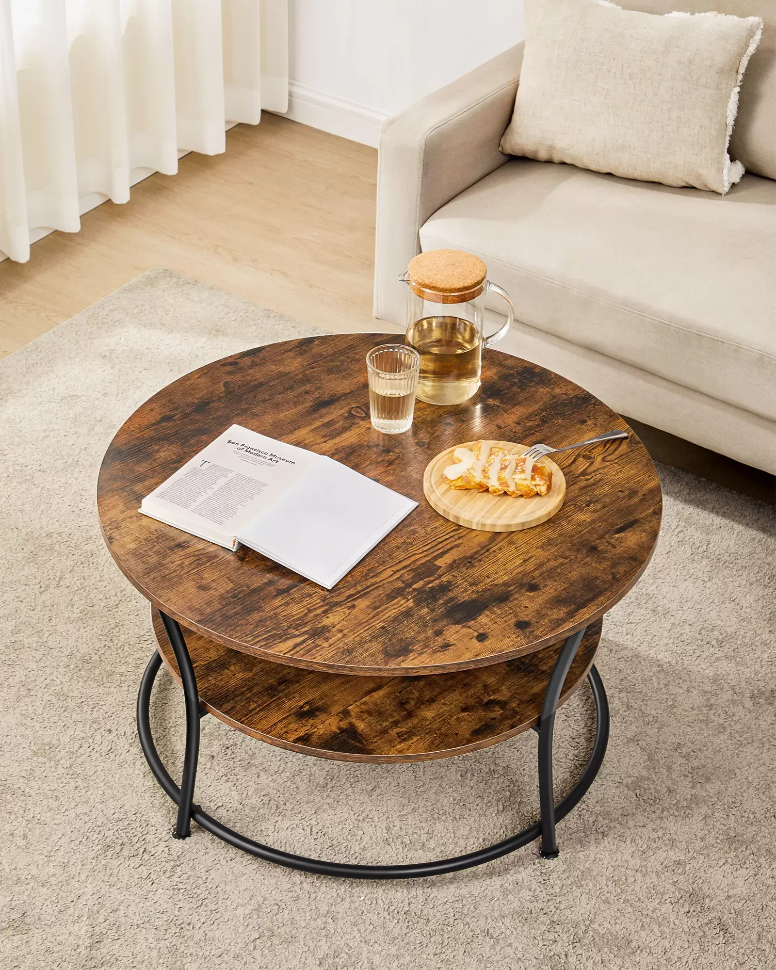 Illustration numéro 3 du produit Table basse table ronde effet bois marron rustique et noir