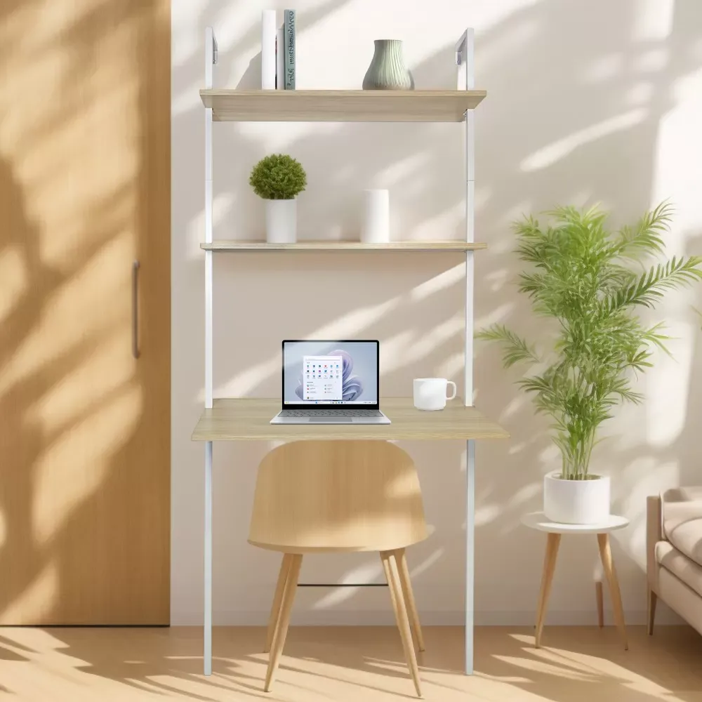 Illustration numéro 3 du produit Bureau mural 2 étagères bois et mélal blanc 76x51x185cm