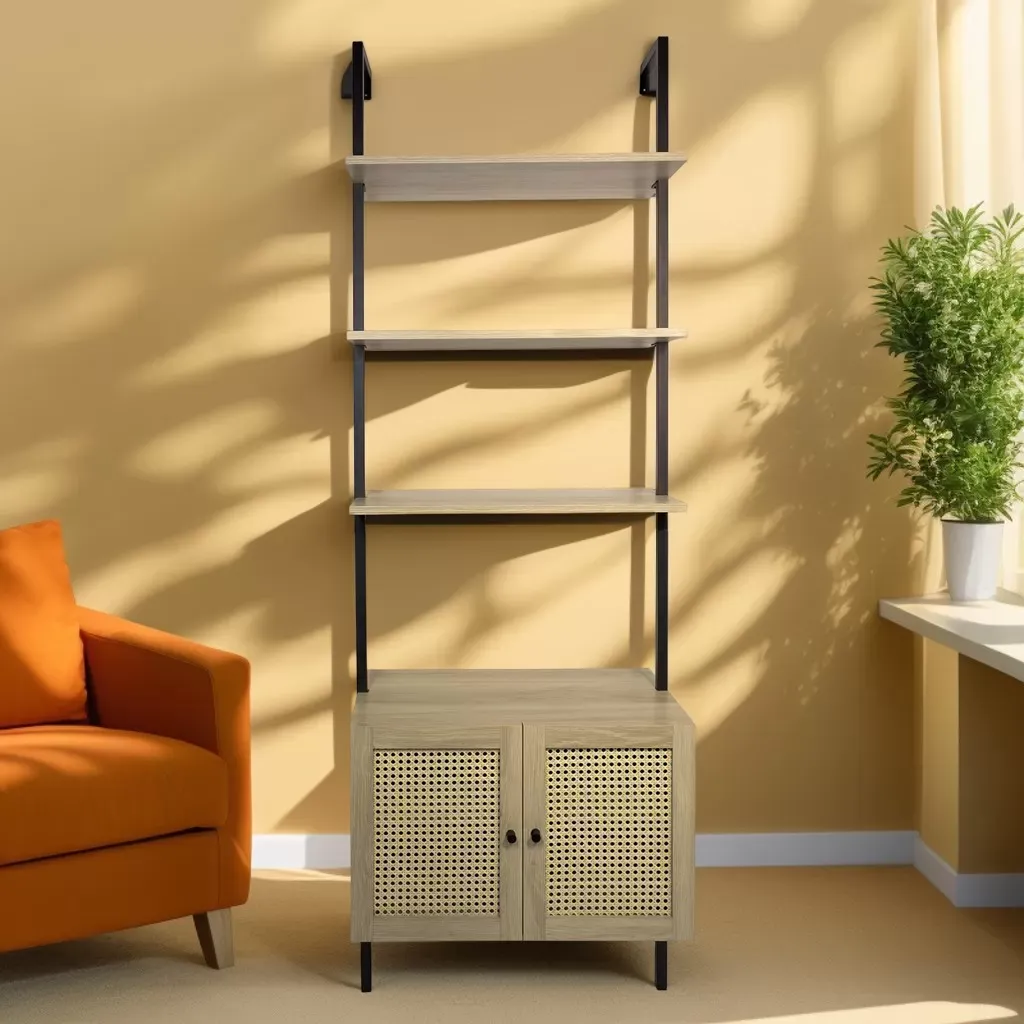 Illustration numéro 3 du produit Étagère murale en métal noir et bois 2 portes cannage 60x35x184 cm