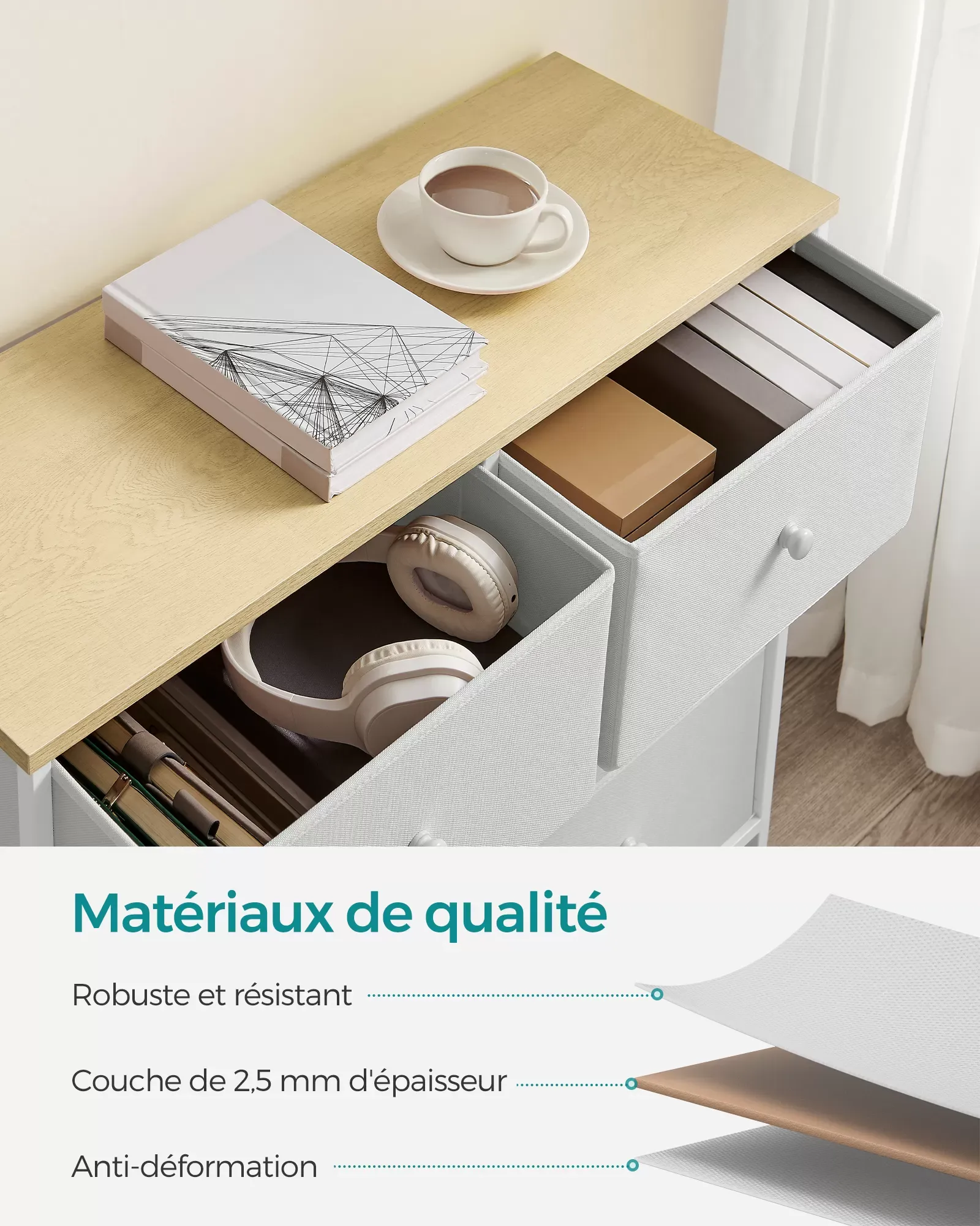 Illustration numéro 3 du produit Commode avec 6 tiroirs en tissu blanc et couleur boisée