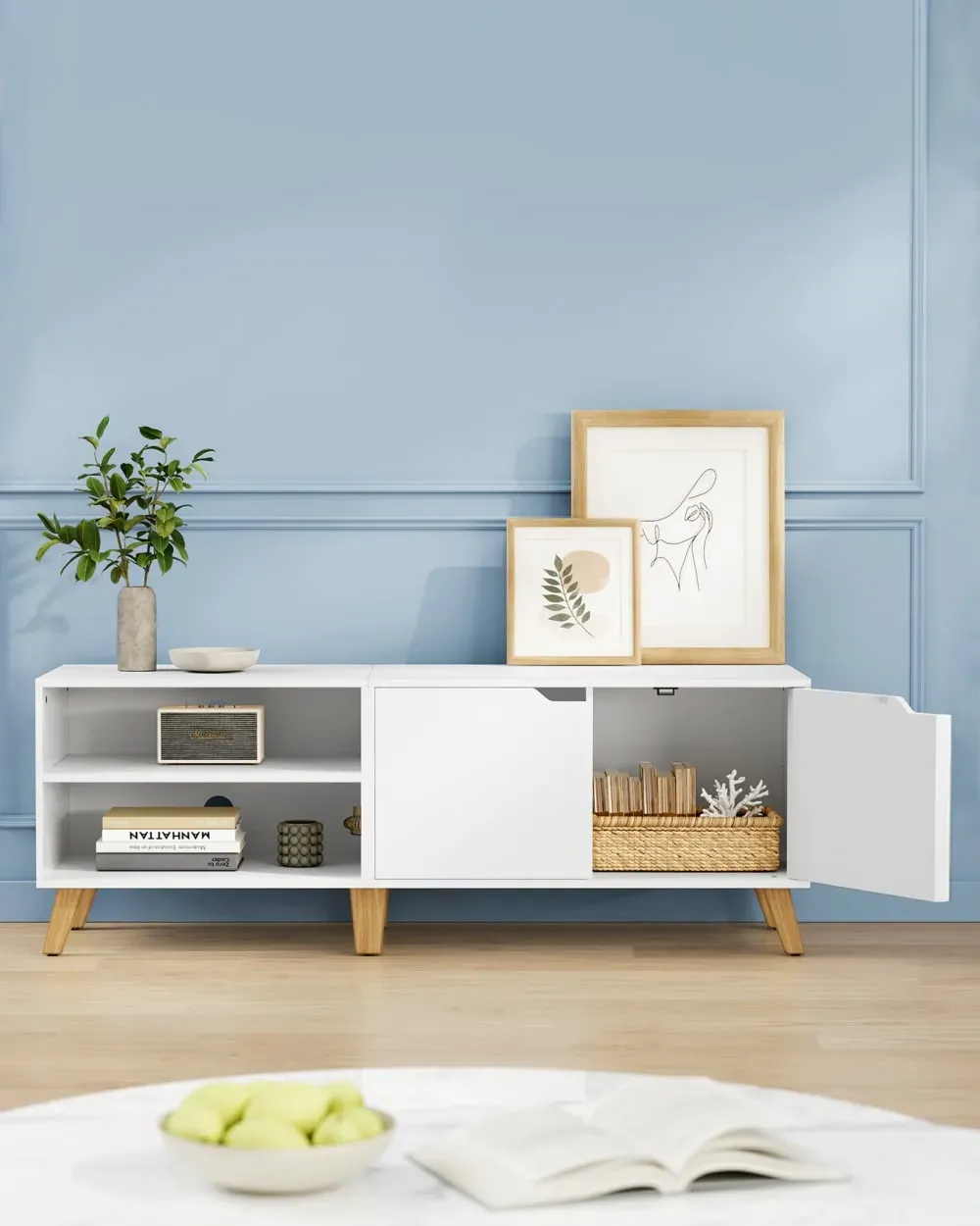 Illustration numéro 3 du produit Meuble TV 140 cm 2 portes 2 compartiments effet bois blanc