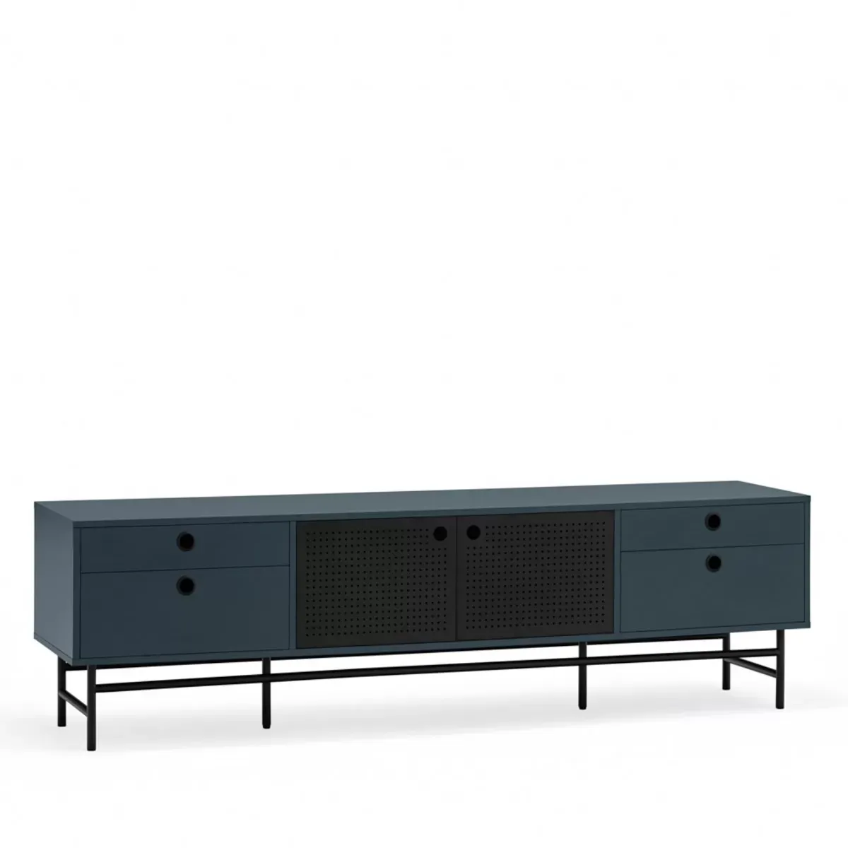 Illustration numéro 3 du produit Meuble TV design 180cm en bois et métal perforé bleu foncé