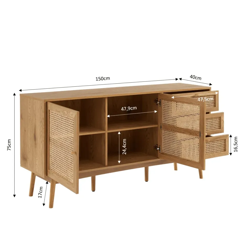 Illustration numéro 3 du produit Buffet  effet chêne et cannage rotin l150cm