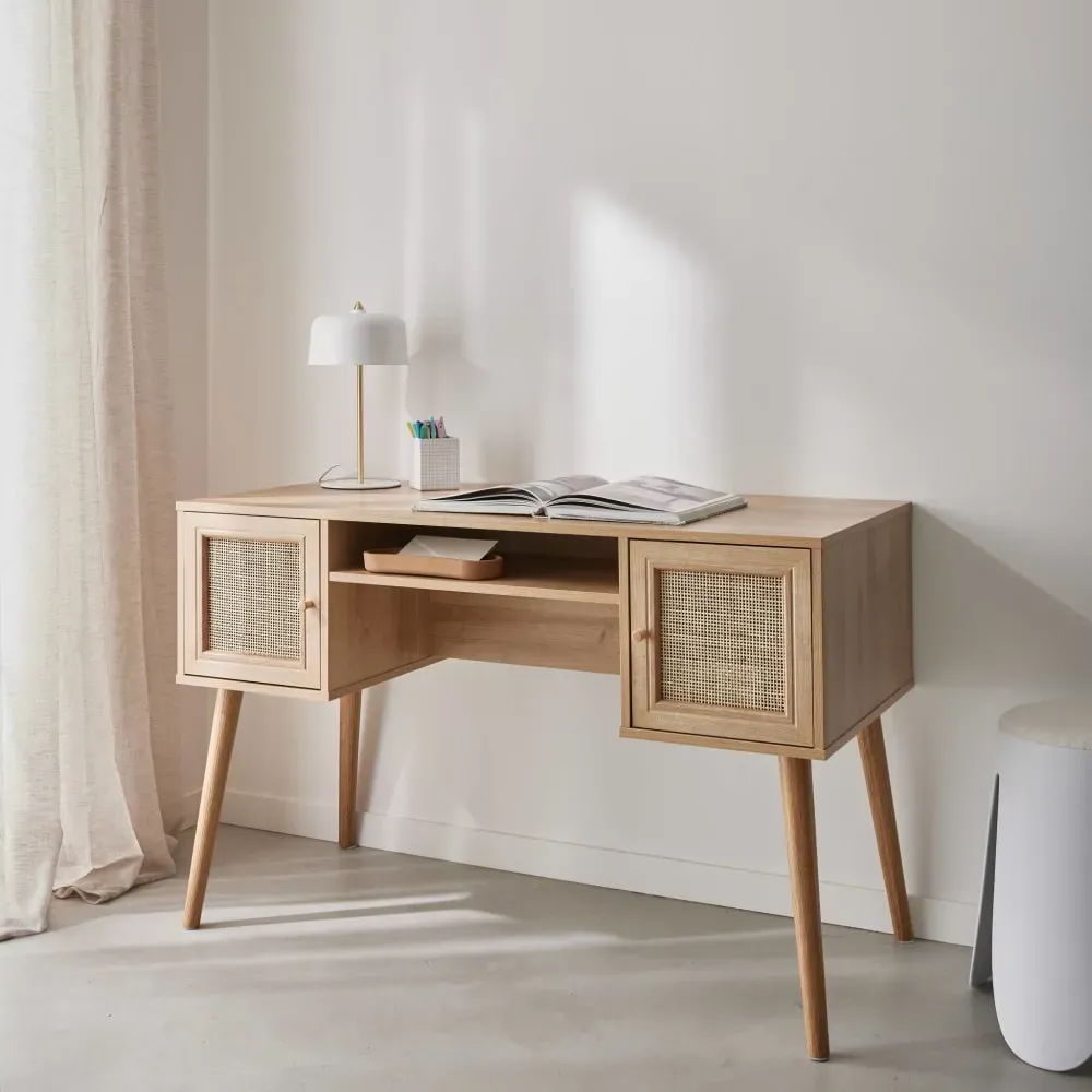 Illustration numéro 3 du produit Bureau cannage et décor bois avec 2 portes