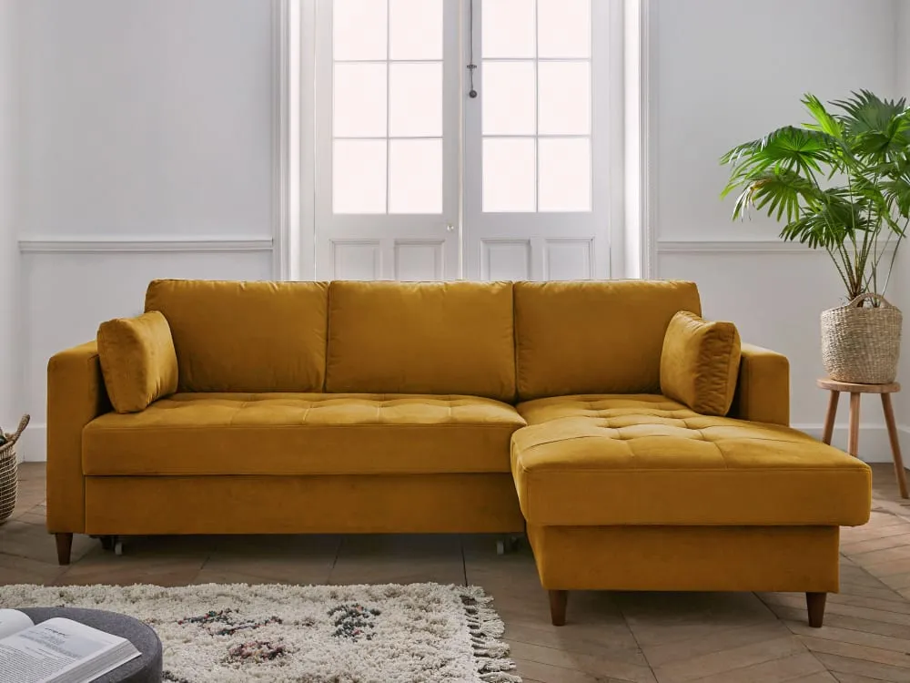 Illustration numéro 3 du produit Canapé d'angle droit convertible 4 places en velours jaune