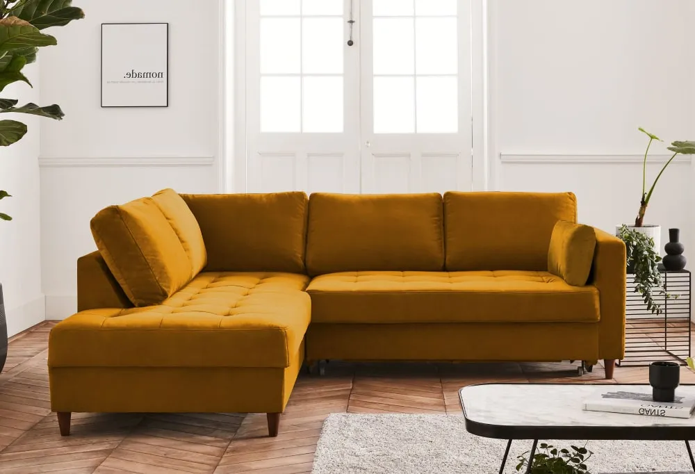 Illustration numéro 3 du produit Canapé d'angle gauche convertible 5 places en velours jaune