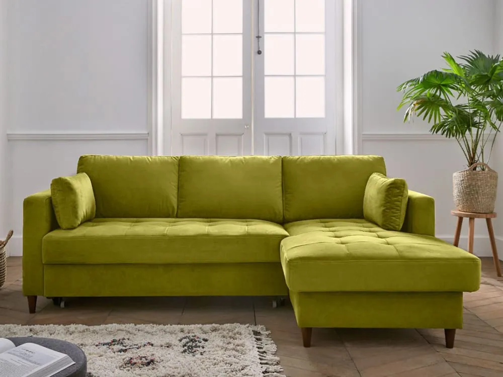 Illustration numéro 3 du produit Canapé d'angle droit convertible 4 places en velours vert olive