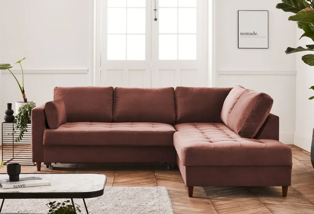 Illustration numéro 3 du produit Canapé d'angle droit convertible 5 places en velours rose