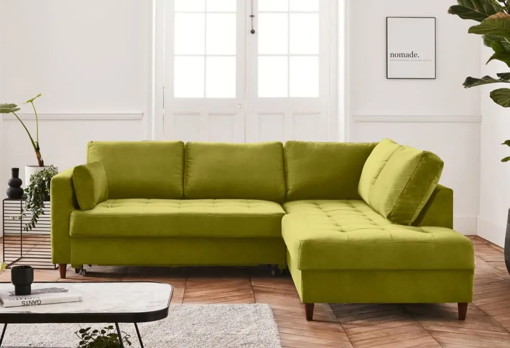 Illustration numéro 3 du produit Canapé d'angle droit convertible 5 places en velours vert olive