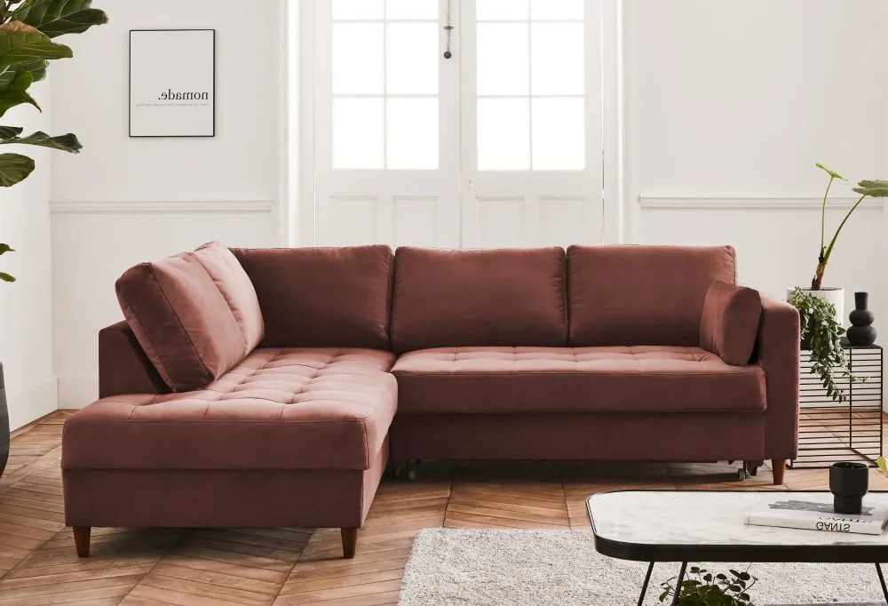 Illustration numéro 3 du produit Canapé d'angle gauche convertible 5 places en velours rose