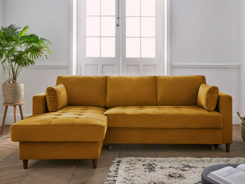 Illustration numéro 3 du produit Canapé d'angle gauche convertible 4 places en velours jaune