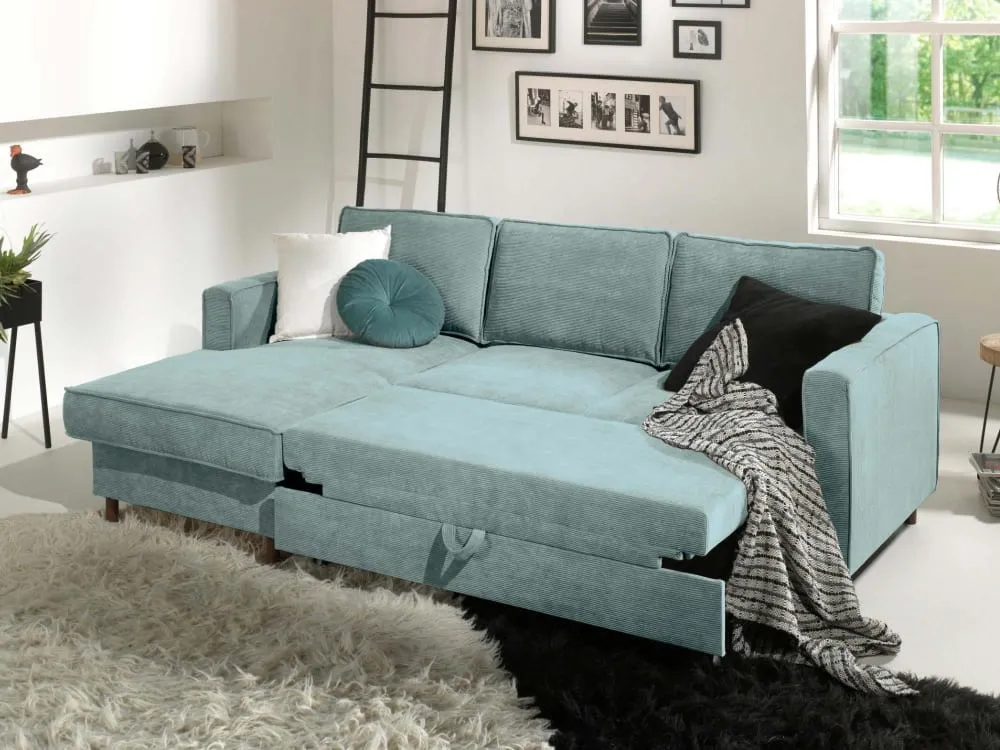 Illustration numéro 3 du produit Canapé d'angle gauche convertible 4 places en velours côtelé bleu