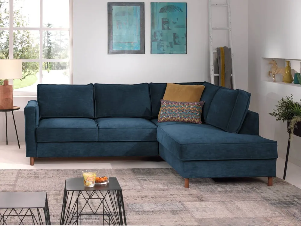 Illustration numéro 3 du produit Canapé d'angle droit convertible 5 places en velours côtelé bleu