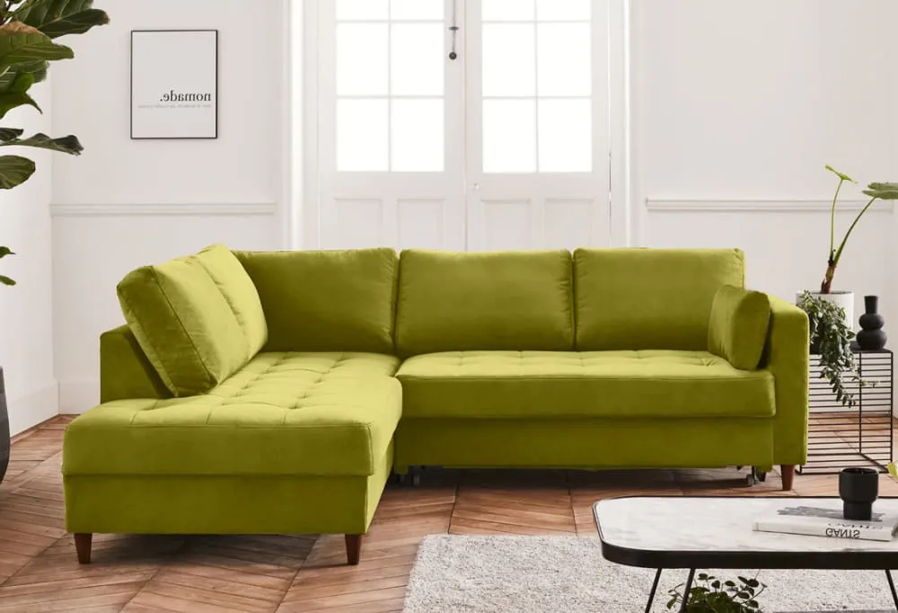 Illustration numéro 3 du produit Canapé d'angle gauche convertible 5 places en velours vert olive