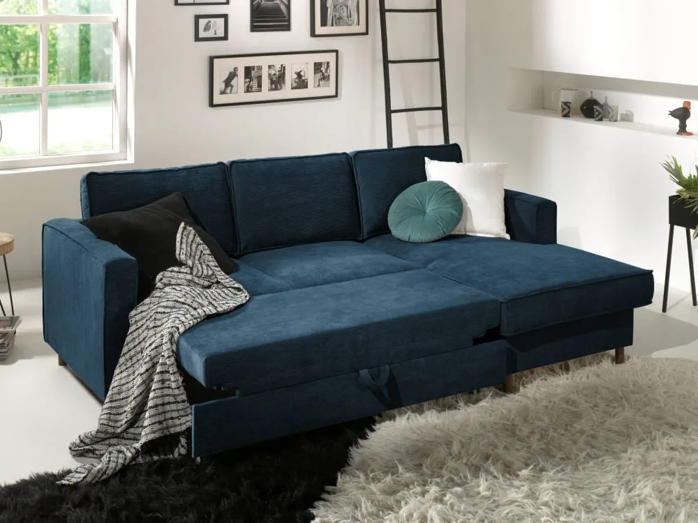 Illustration numéro 3 du produit Canapé d'angle droit convertible 4 places en velours côtelé bleu