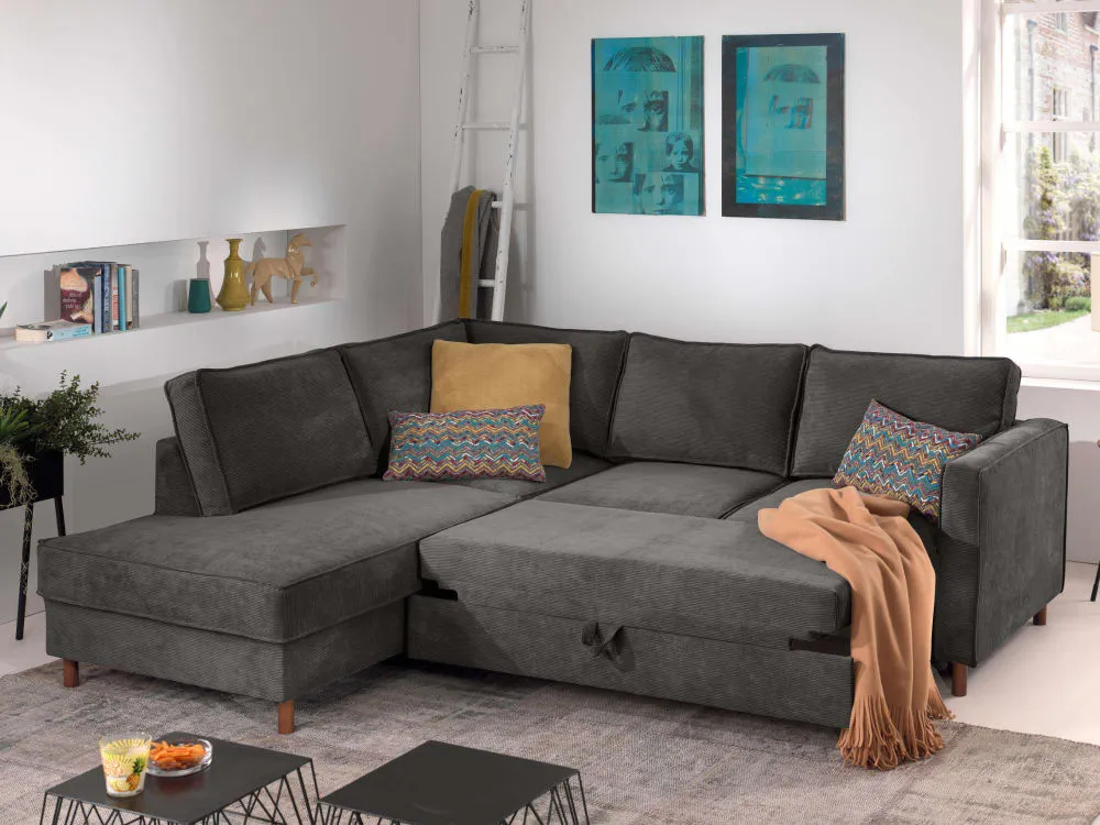 Illustration numéro 3 du produit Canapé d'angle gauche convertible 5 places en velours côtelé gris