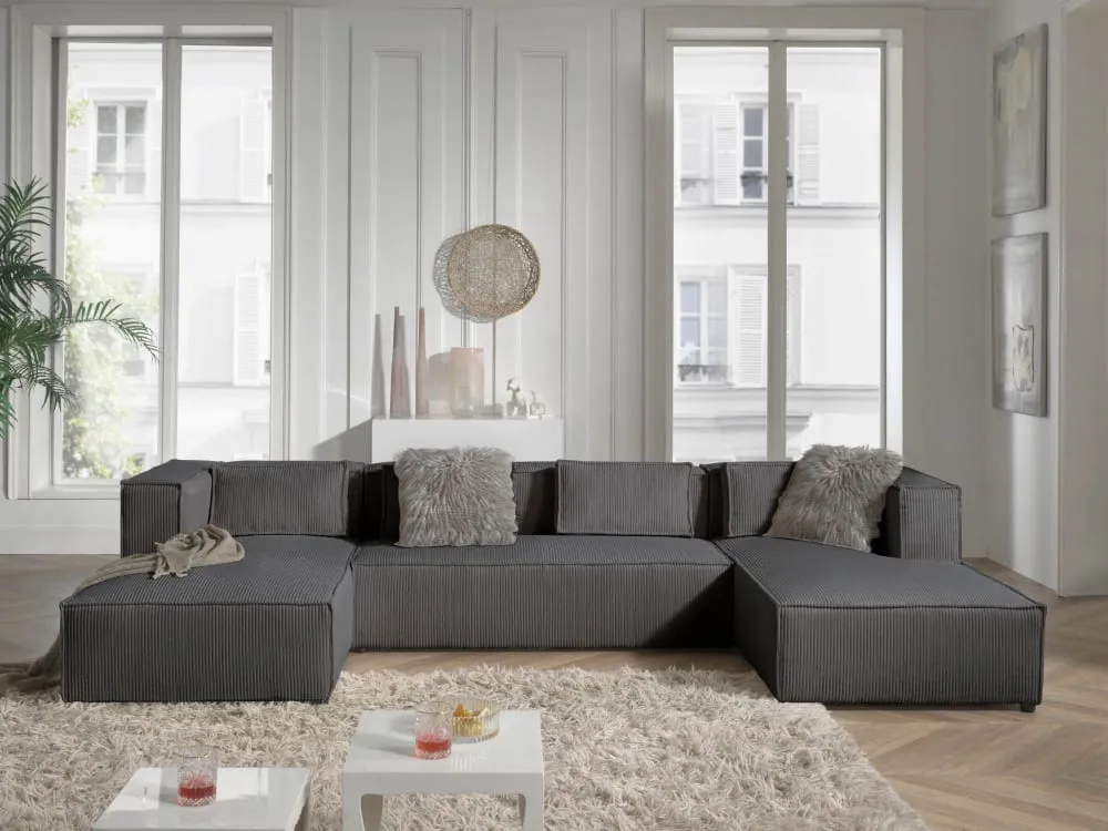 Illustration numéro 3 du produit Canapé panoramique 7 places en u en velours côtelé gris foncé