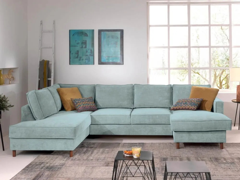 Illustration numéro 3 du produit Canapé panoramique 7 places angle gauche en velours côtelé bleu