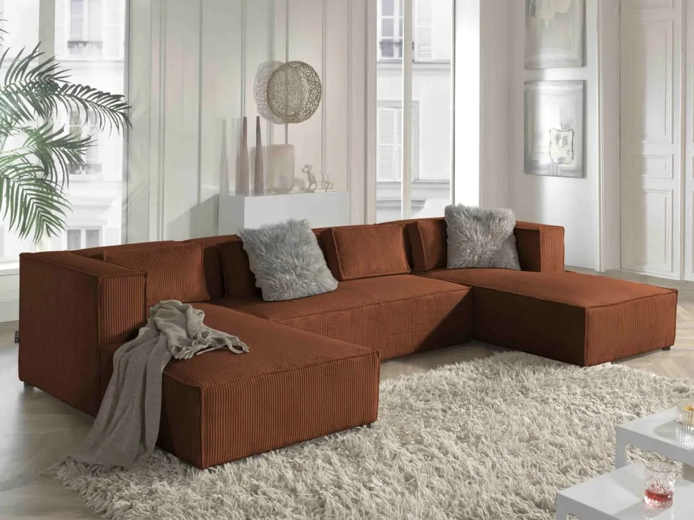 Illustration numéro 3 du produit Canapé panoramique 7 places en u en velours côtelé terracotta