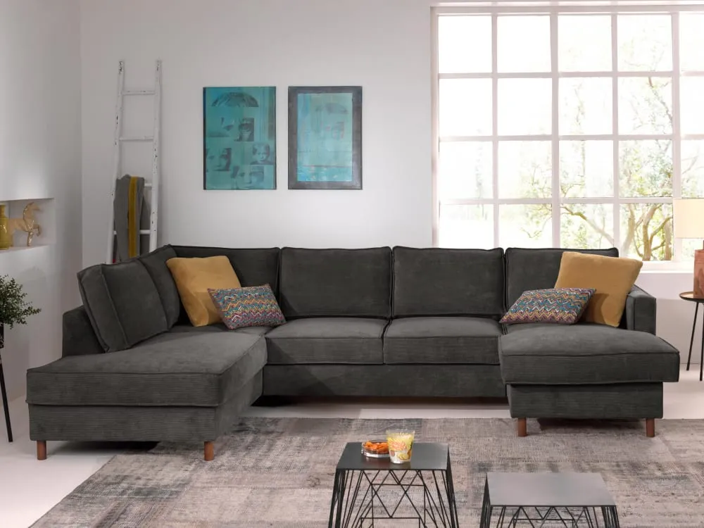 Illustration numéro 3 du produit Canapé panoramique 7 places angle gauche en velours côtelé gris foncé