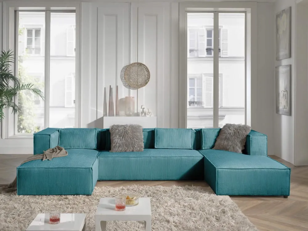 Illustration numéro 3 du produit Canapé panoramique 7 places en u en velours côtelé bleu canard