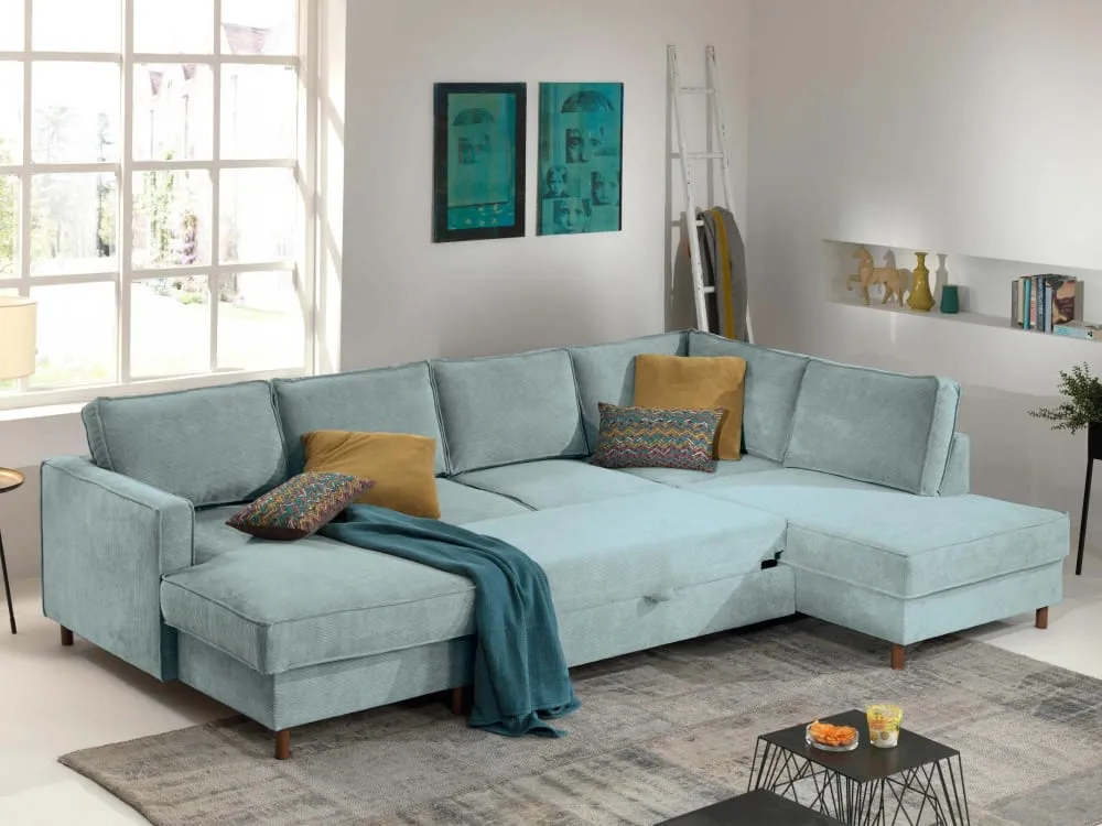 Illustration numéro 3 du produit Canapé panoramique 7 places angle droit en velours côtelé bleu