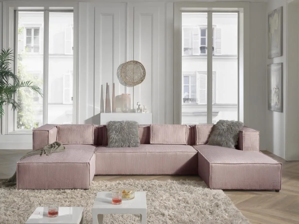 Illustration numéro 3 du produit Canapé panoramique 7 places en u en velours côtelé rose