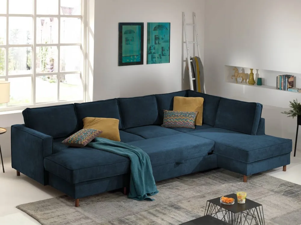 Illustration numéro 3 du produit Canapé panoramique 7 places angle droit en velours côtelé bleu ardoise