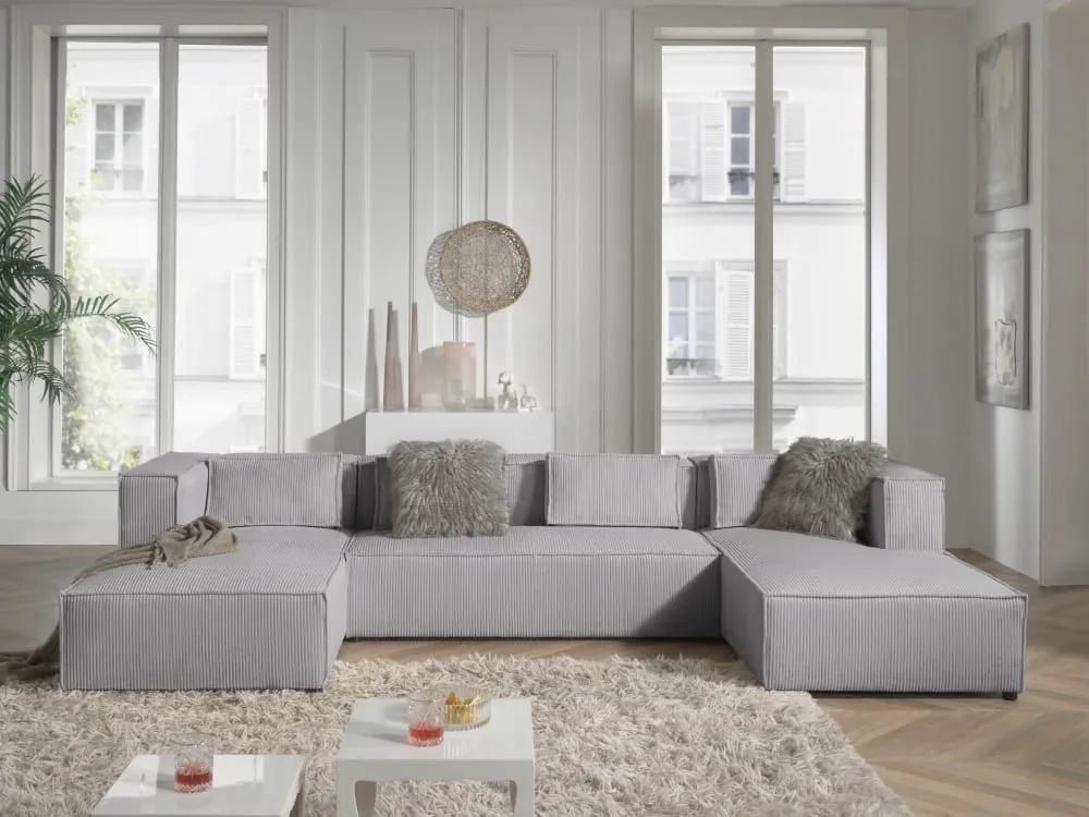 Illustration numéro 3 du produit Canapé panoramique 7 places en u en velours côtelé gris clair