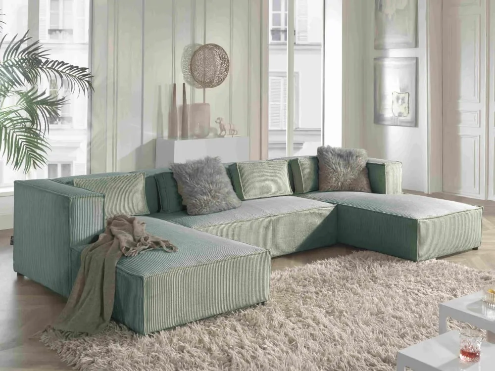 Illustration numéro 3 du produit Canapé panoramique 7 places en u en velours côtelé bleu