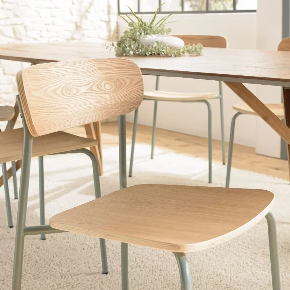 Illustration numéro 3 du produit Lot de 2 chaises « écolier » bois de frêne pieds acier vert d’eau