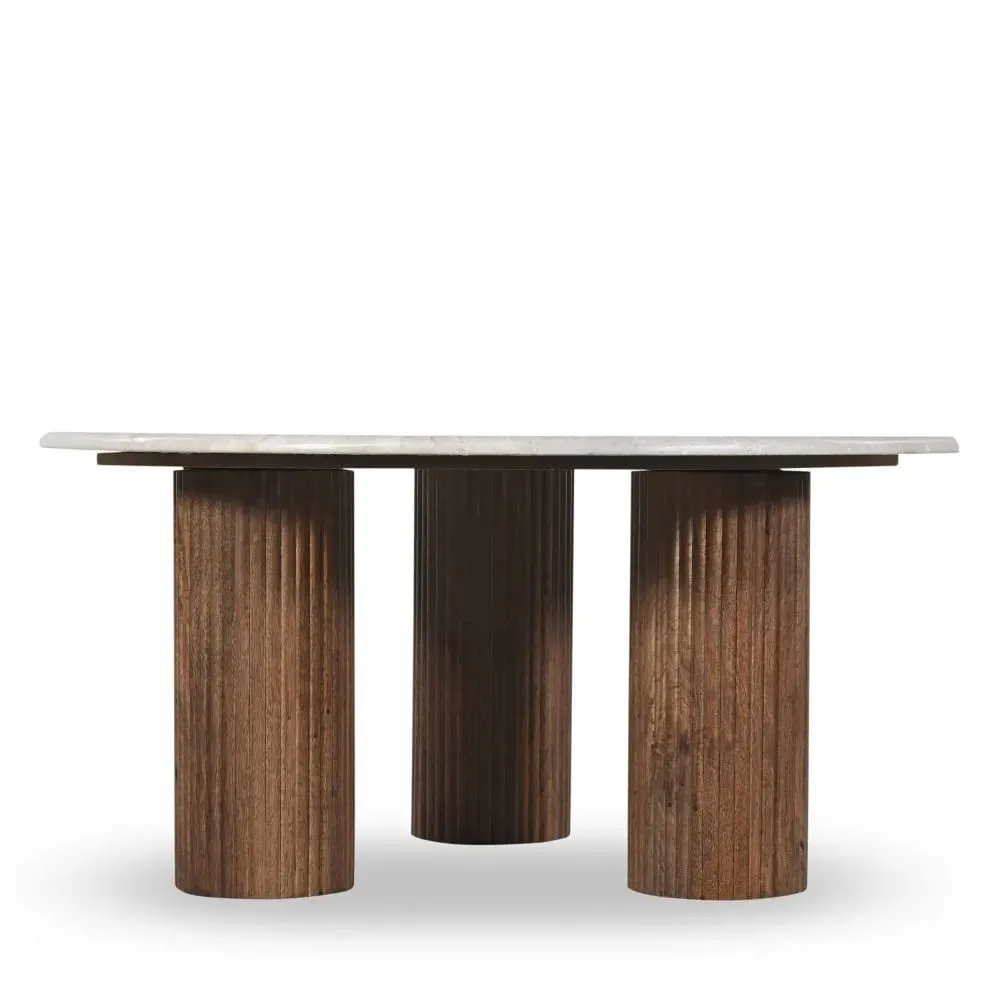 Illustration numéro 3 du produit Table basse en marbre et bois massif ø80cm - Blanc ivoire