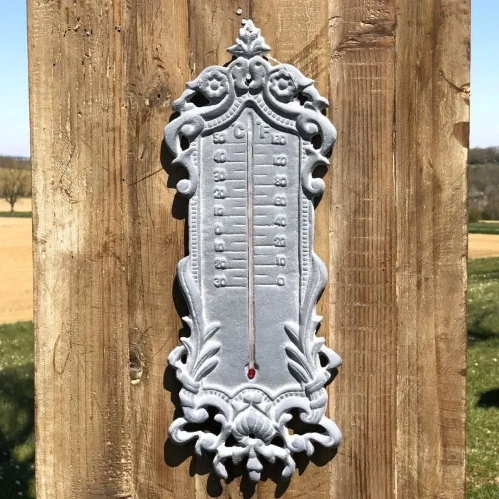 Illustration numéro 3 du produit Grand thermomètre extérieur décoratif vintage fonte grise 37cm
