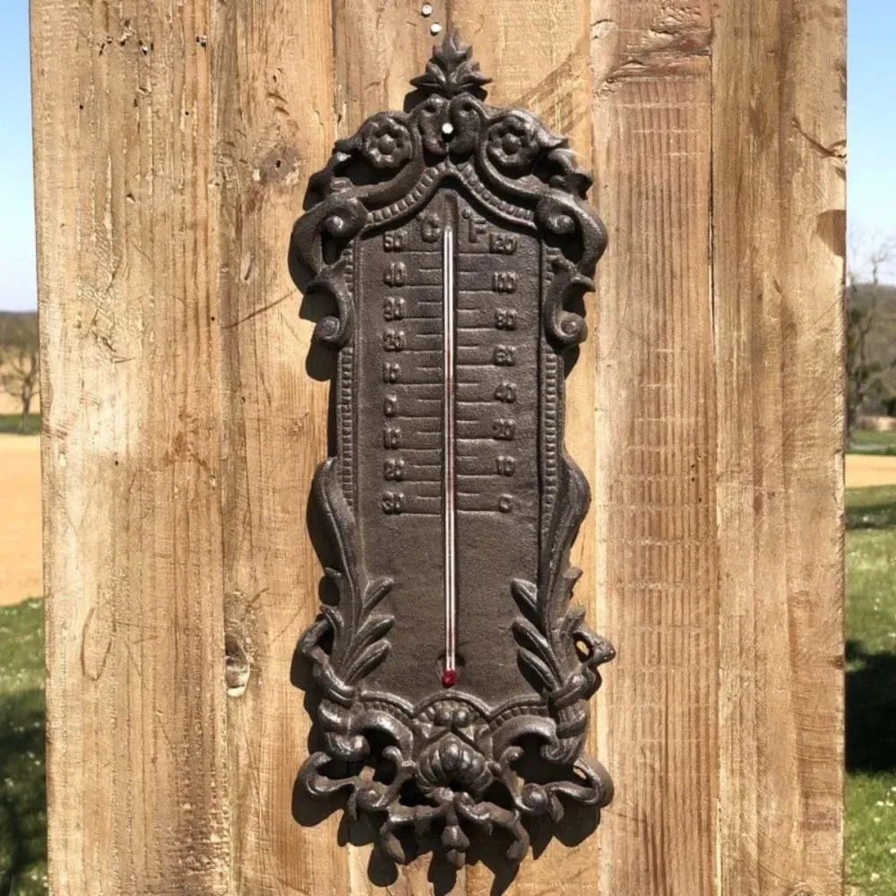 Illustration numéro 3 du produit Grand thermomètre extérieur décoratif vintage fonte marron 37cm