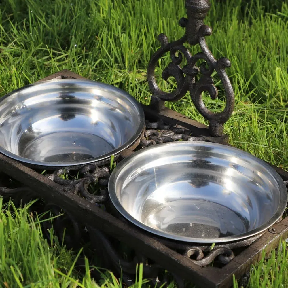 Illustration numéro 3 du produit Double gamelle en fonte marron et métal gris 41 x 20 x 8 cm
