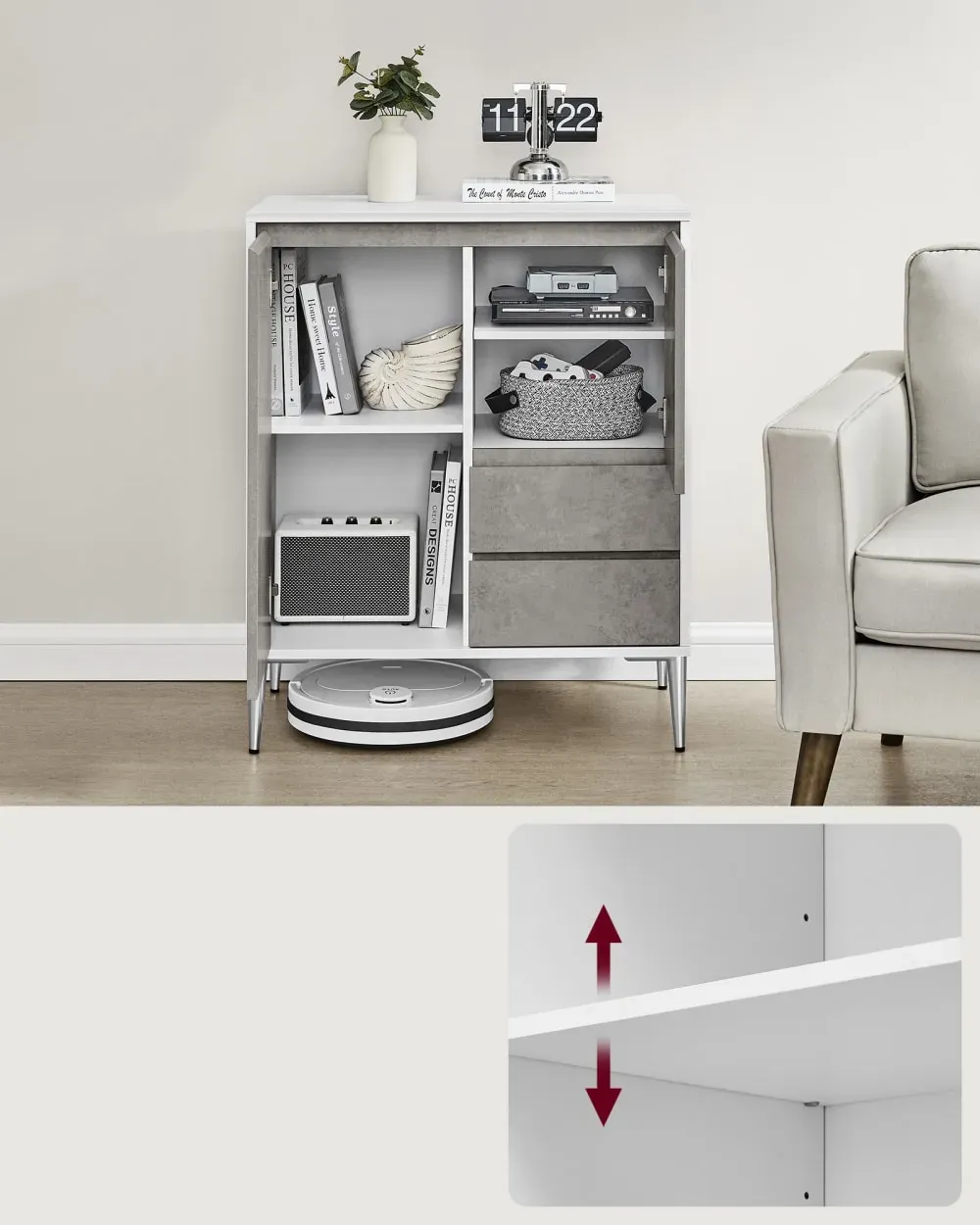 Illustration numéro 3 du produit Buffet avec porte et étagère réglable en hauteur 2 tiroirs gris béton