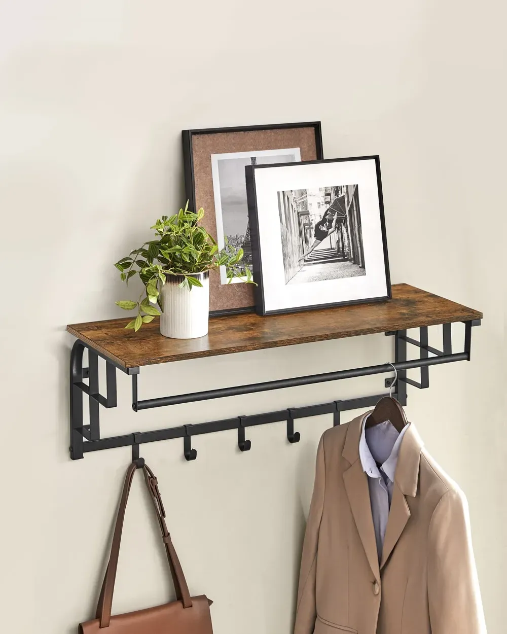 Illustration numéro 3 du produit Étagère murale avec 5 crochets amovibles 30 x 80 x 27 cm marron