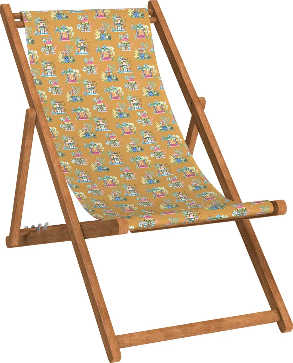 Illustration numéro 3 du produit Chilienne pliante en hêtre et toile outdoor motif temples tabac