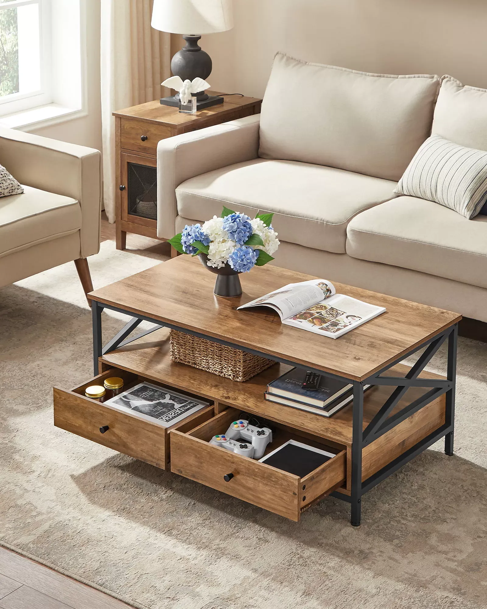 Illustration numéro 3 du produit Table basse 2 tiroirs 1 compartiment effet bois marron rustique