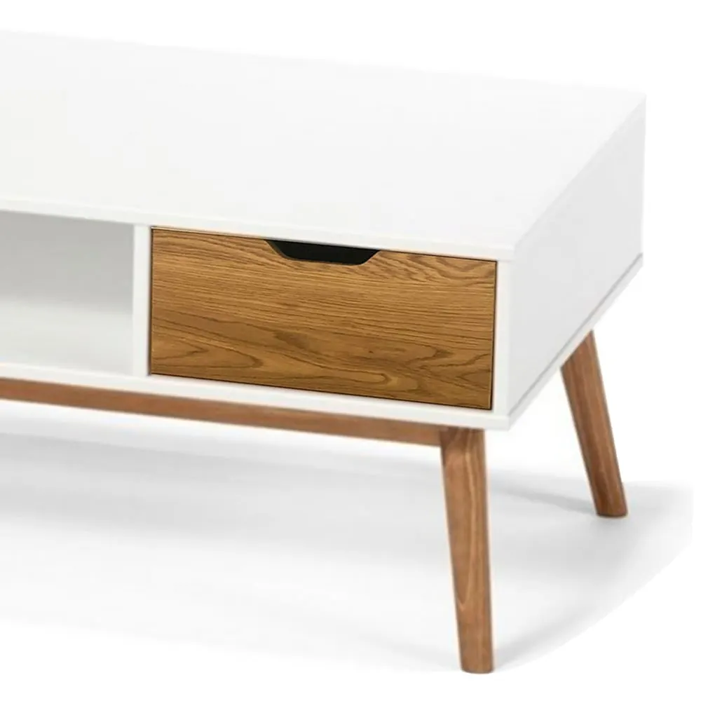 Illustration numéro 3 du produit Table basse rectangulaire 1 casier et 2 tiroirs blanc et bois 110x55x4