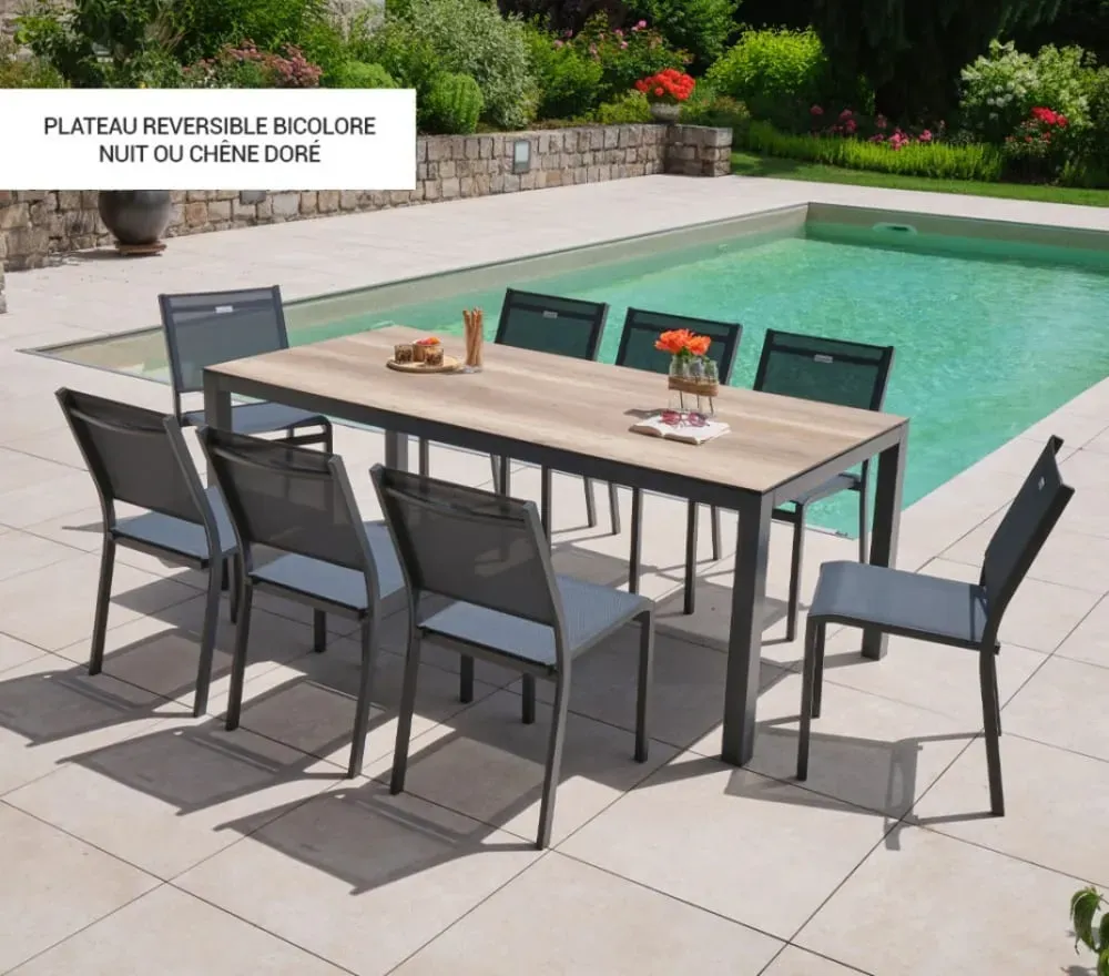 Illustration numéro 3 du produit Ensemble table et 8 chaises de jardin en aluminium chêne doré