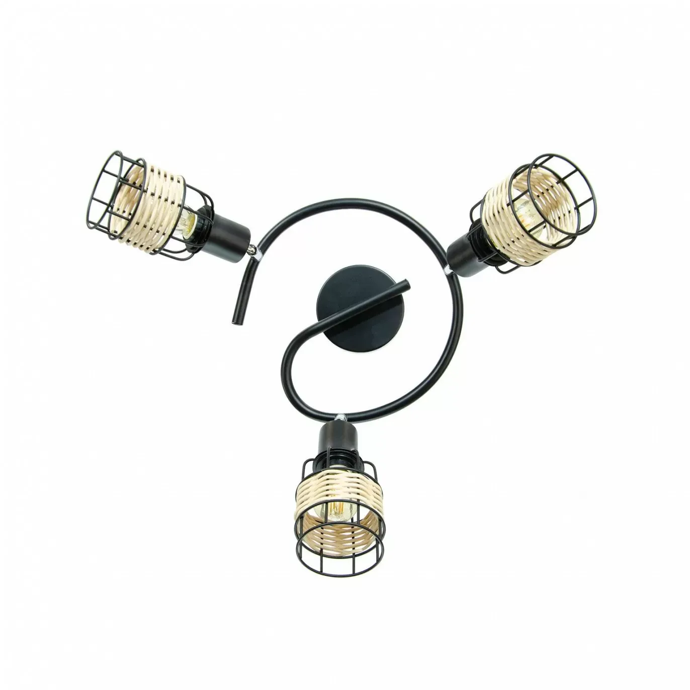 Illustration numéro 3 du produit Plafonnier 3 lumières en métal noir et rotin tressé naturel