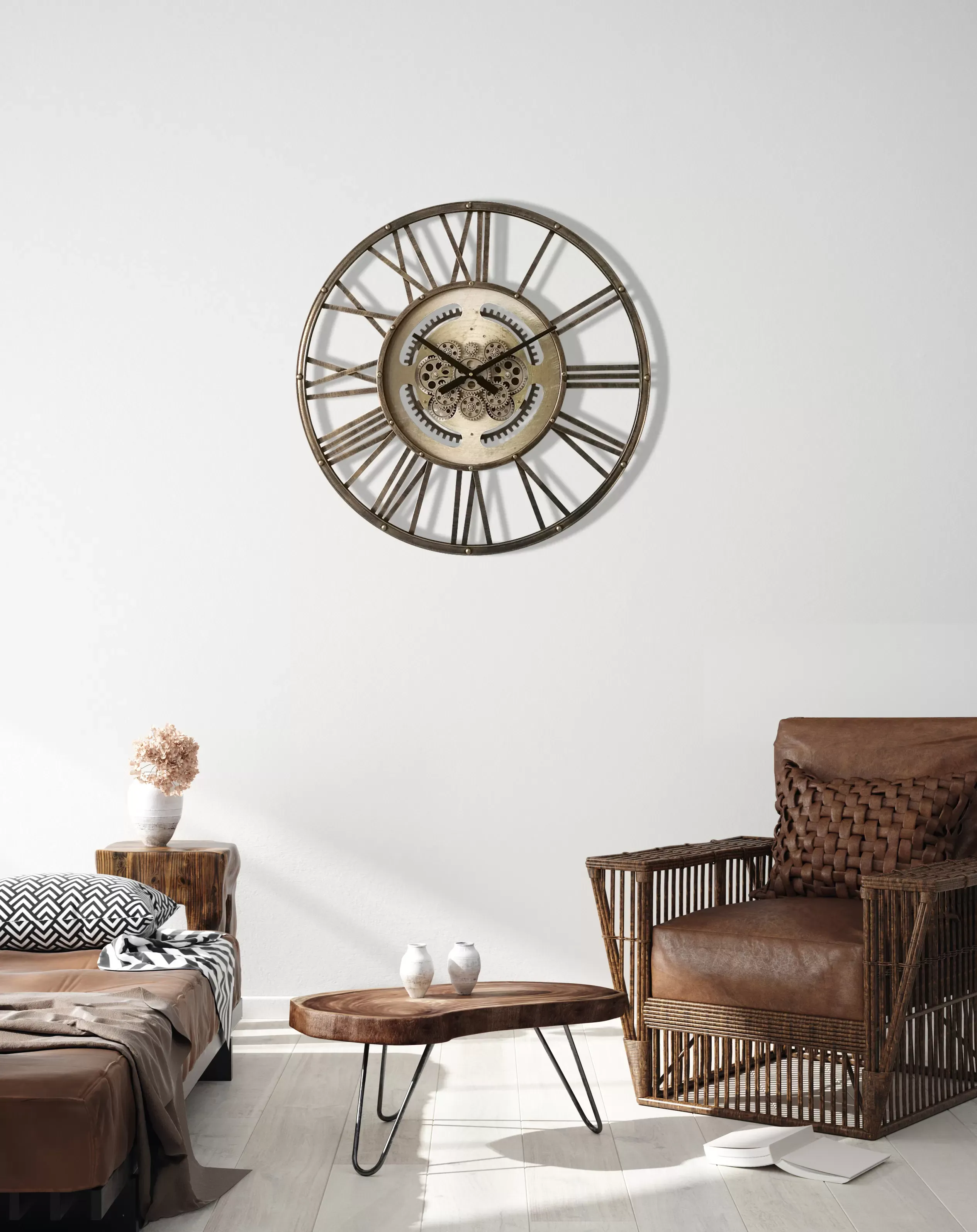 Illustration numéro 3 du produit Horloge à mécanismes ajourée métal cuivre 70cm