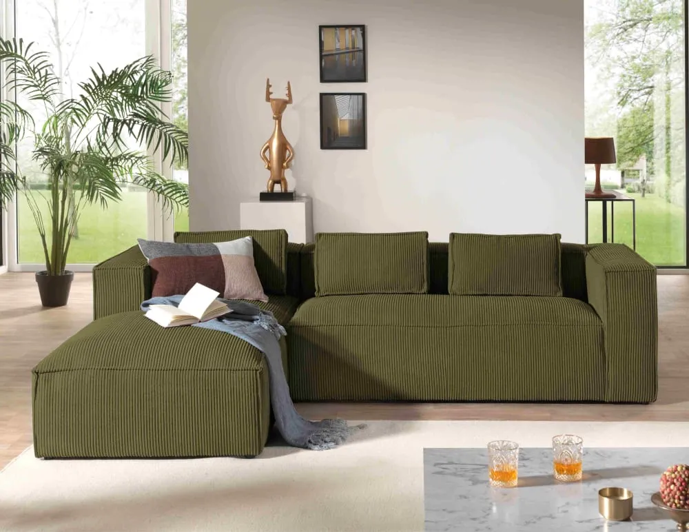 Illustration numéro 3 du produit Canapé d'angle gauche en velours côtelé - 4 places - Vert