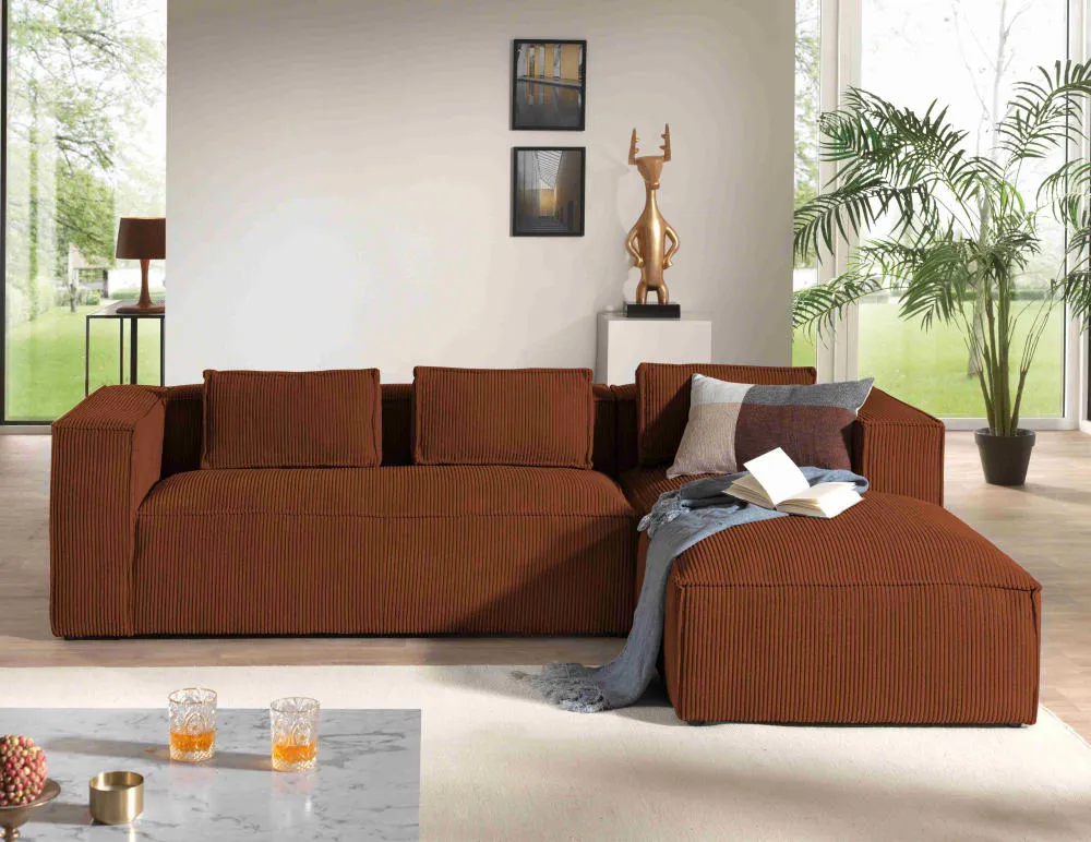 Illustration numéro 3 du produit Canapé d'angle en velours côtelé - 4 places - droit - Terracotta