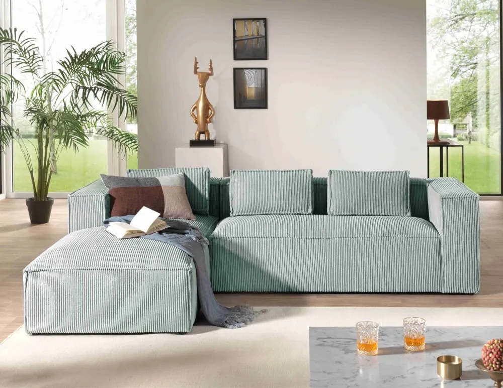 Illustration numéro 3 du produit Canapé d'angle gauche en velours côtelé - 4 places - Bleu