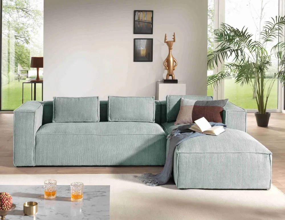 Illustration numéro 3 du produit Canapé d'angle droit en velours côtelé - 4 places - Bleu