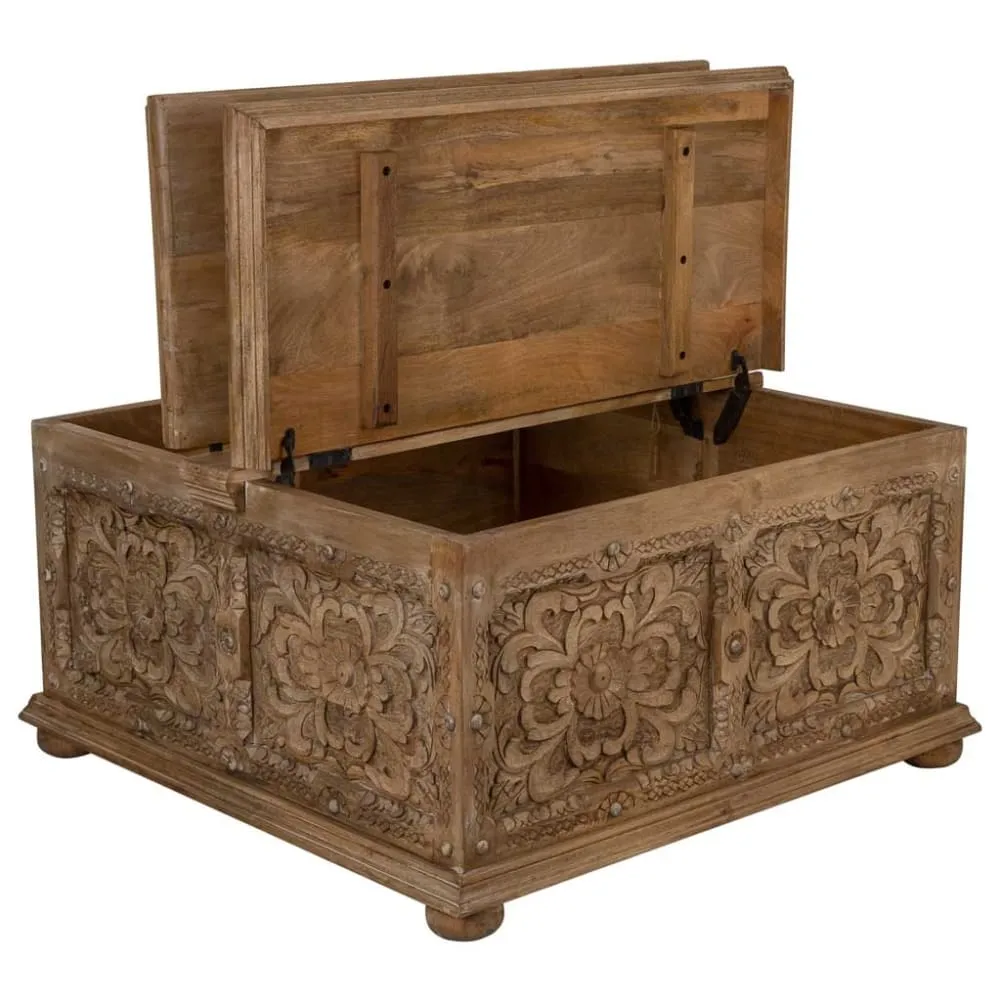 Illustration numéro 3 du produit Table coffre de centre en bois artisanal marron 100x100x47h