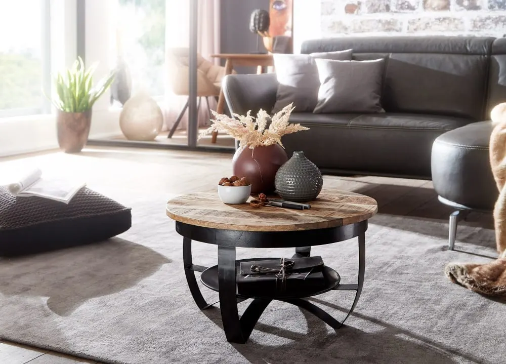 Illustration numéro 3 du produit Table basse ronde avec rangement en bois massif de manguier, marron